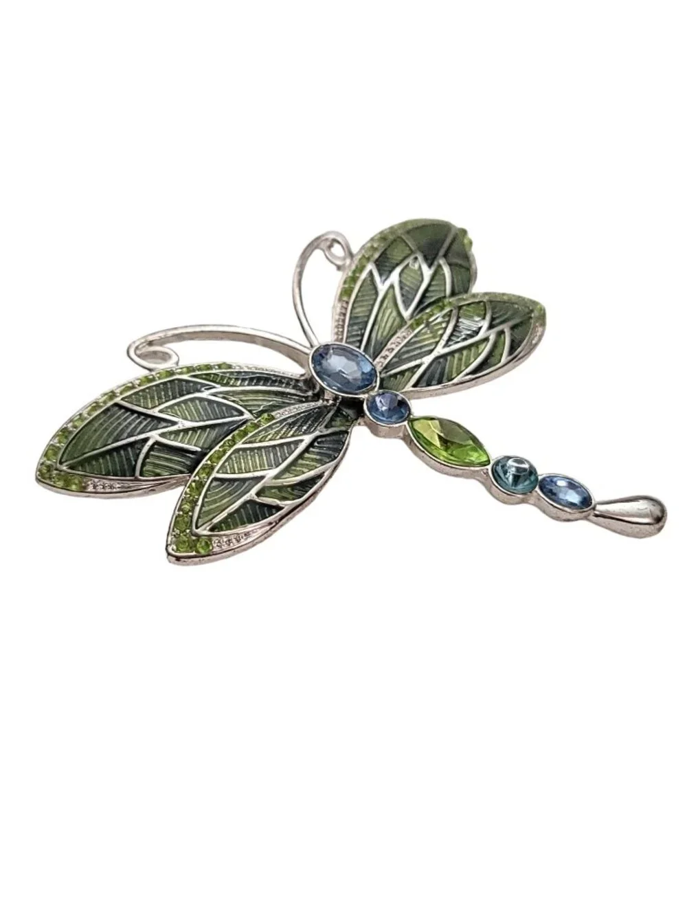 Napier Silver-Tone Green Blue Rhinestone Enamel Dragonfly Brooch Pin Signed E913